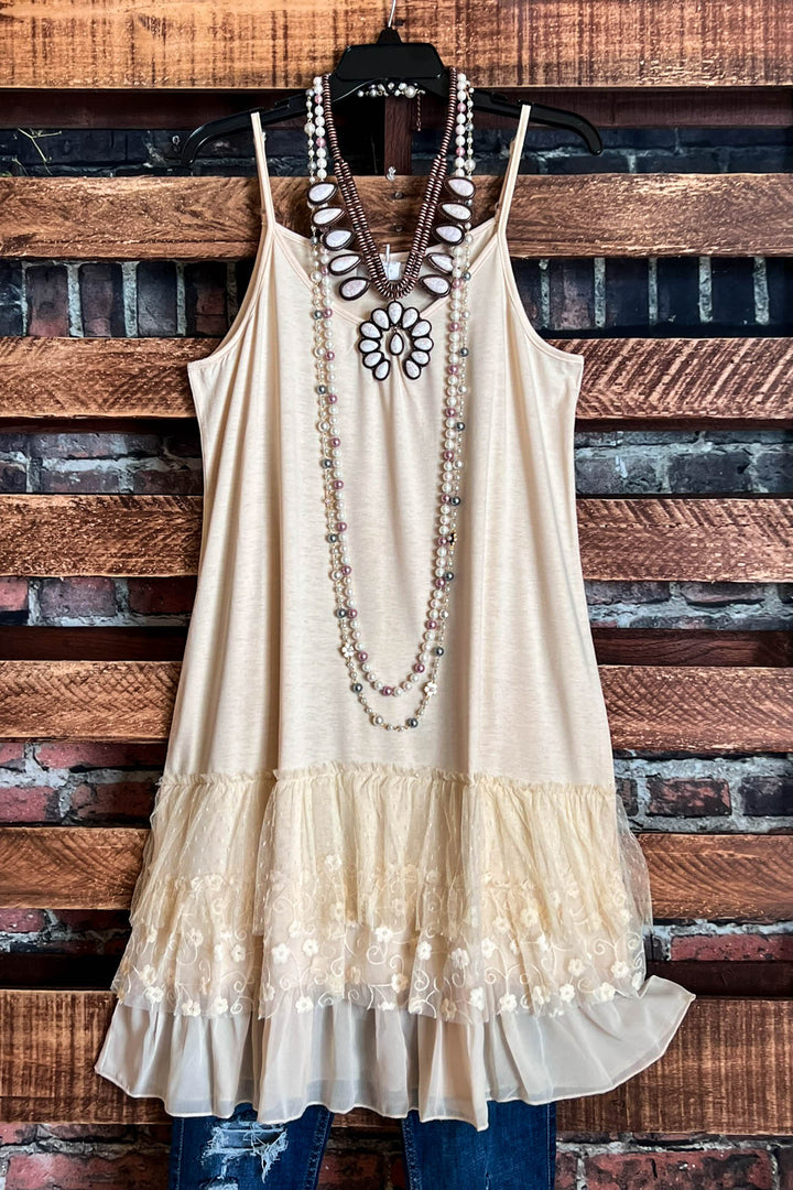 I'M ETERNALLY YOURS LAYERING SLIP DRESS EXTENDER IN BEIGE