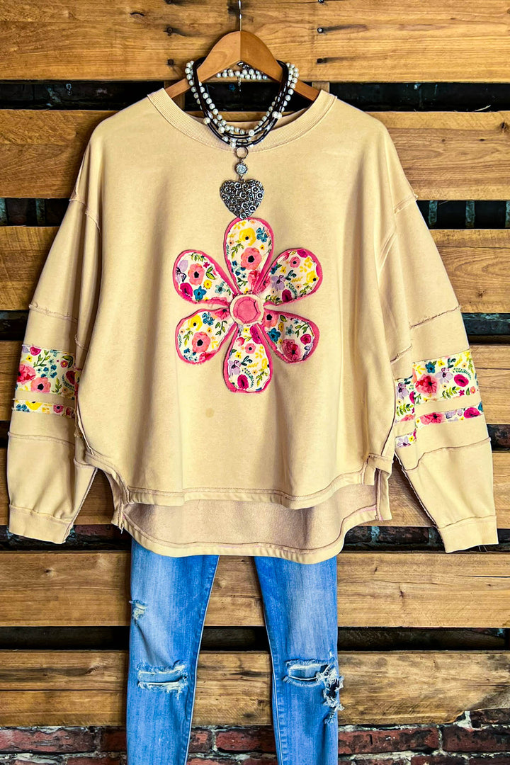 LET LOVE BLOSSOM BOHO COMFY SOFT SWEATSHIRT IN OATMEAL