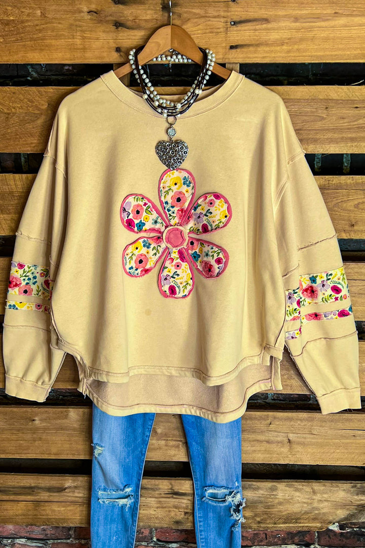 LET LOVE BLOSSOM BOHO COMFY SOFT SWEATSHIRT IN OATMEAL