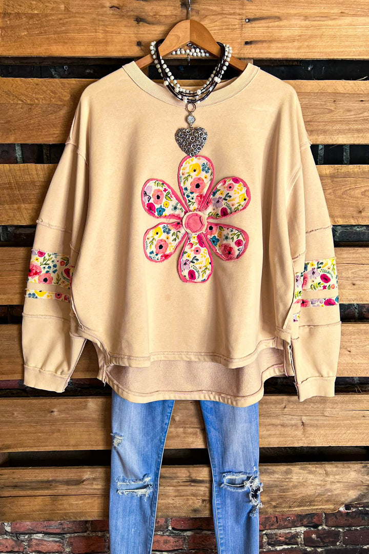 LET LOVE BLOSSOM BOHO COMFY SOFT SWEATSHIRT IN OATMEAL