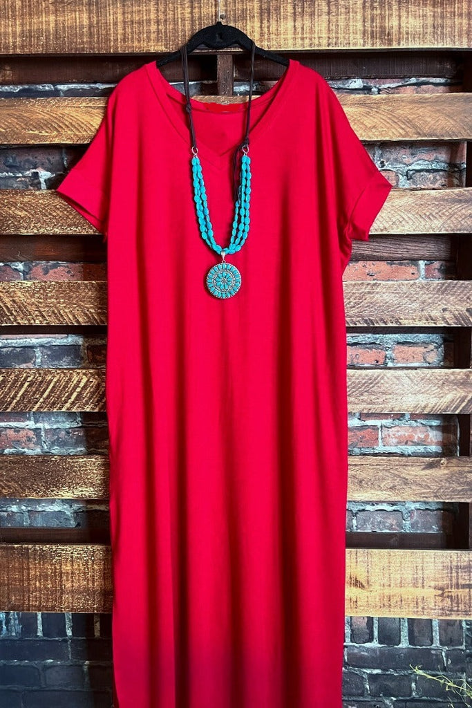 DEFINE COMFORT RED RUBY MAXI DRESS W/ POCKETS