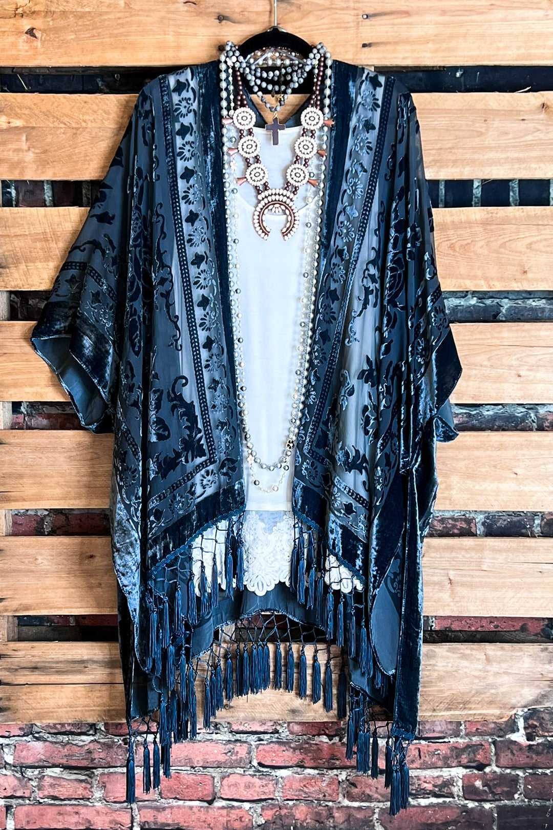 LA VIE BOHEME VELVET BURNOUT KIMONO IN SLATE BLUE TONES