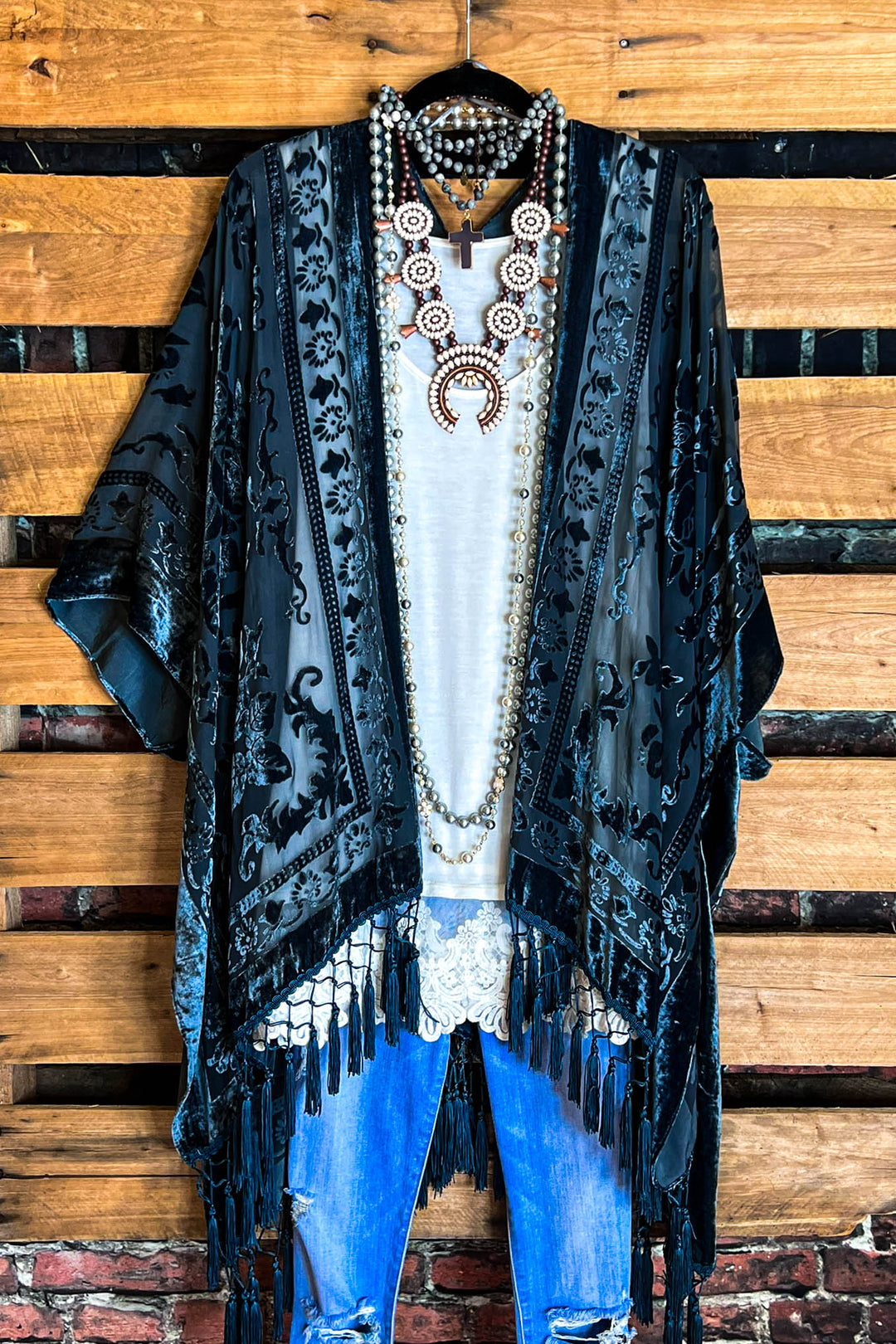 LA VIE BOHEME VELVET BURNOUT KIMONO IN SLATE BLUE TONES