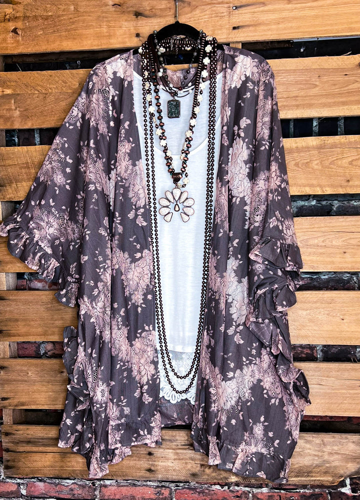 EVERYTHING YOU DO IS MAGIC LACE RUFFLE KIMONO IN MOCHA & MAUVE