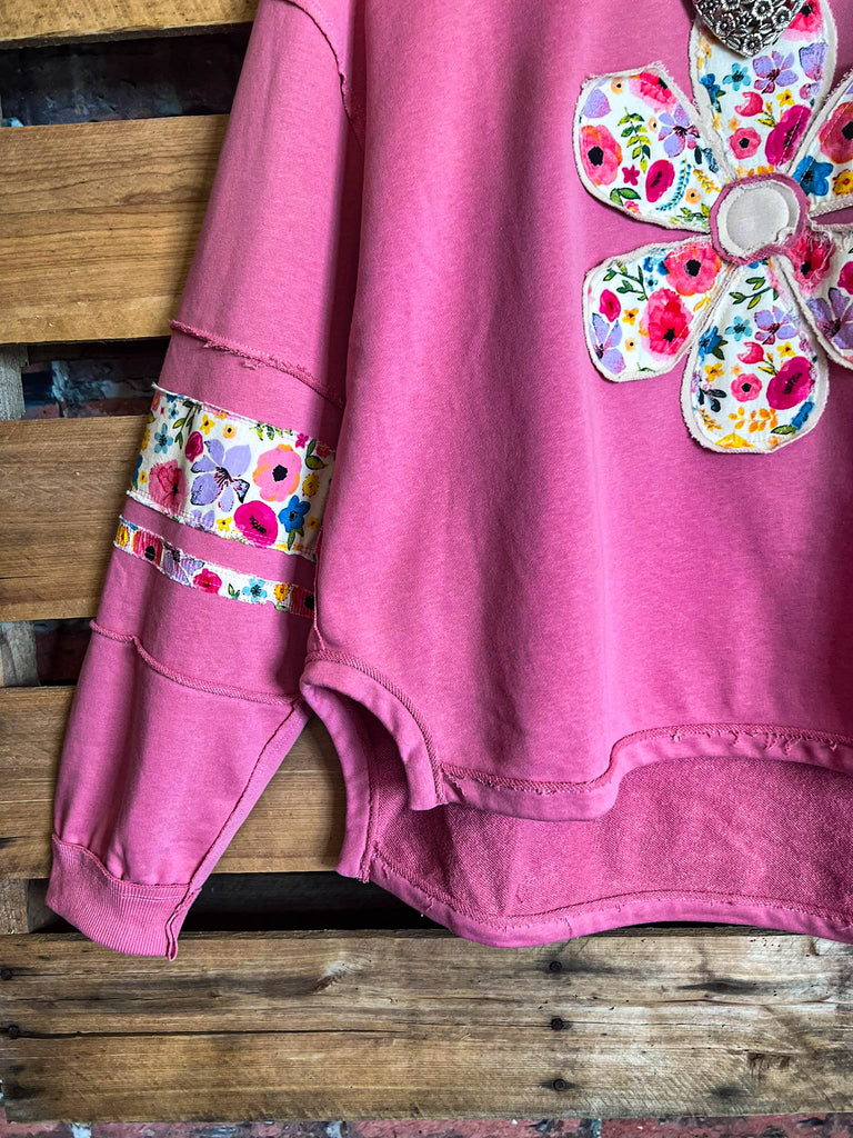 LET LOVE BLOSSOM BOHO COMFY SOFT SWEATSHIRT IN PINK ROSE
