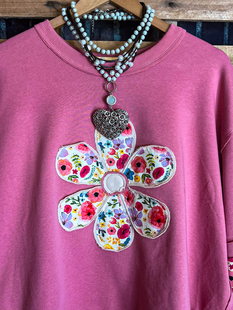 LET LOVE BLOSSOM BOHO COMFY SOFT SWEATSHIRT IN PINK ROSE