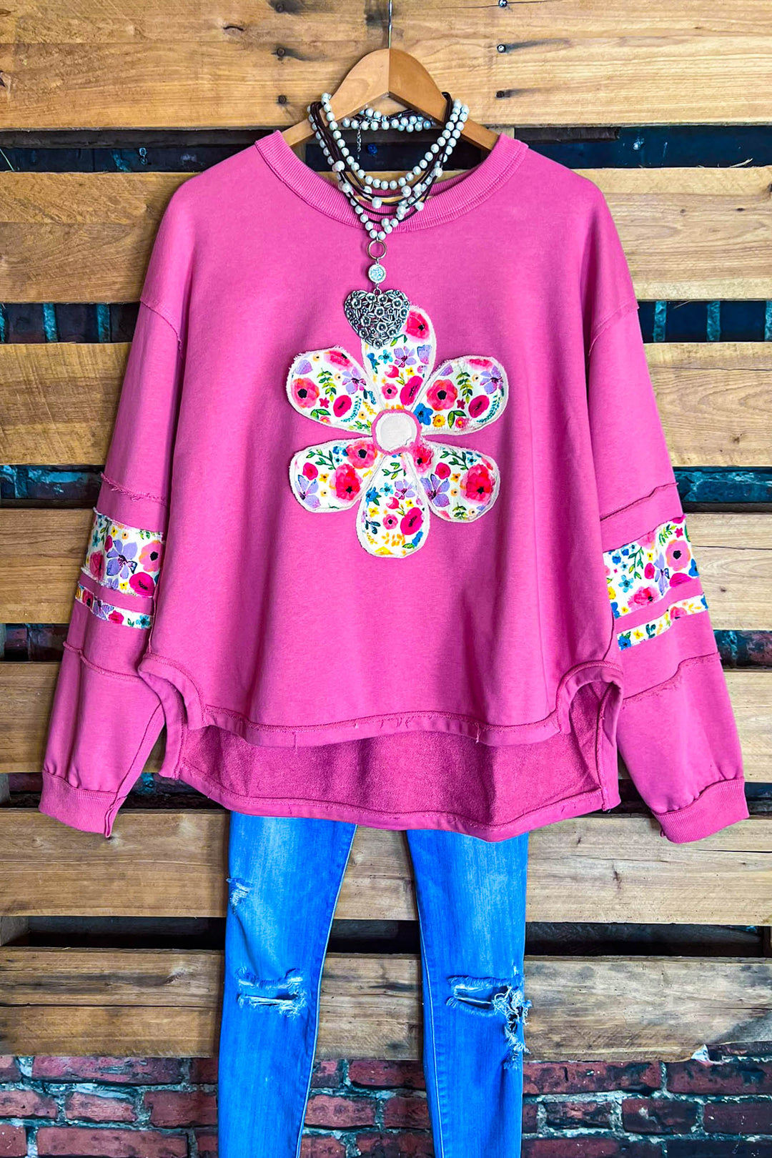 LET LOVE BLOSSOM BOHO COMFY SOFT SWEATSHIRT IN PINK ROSE