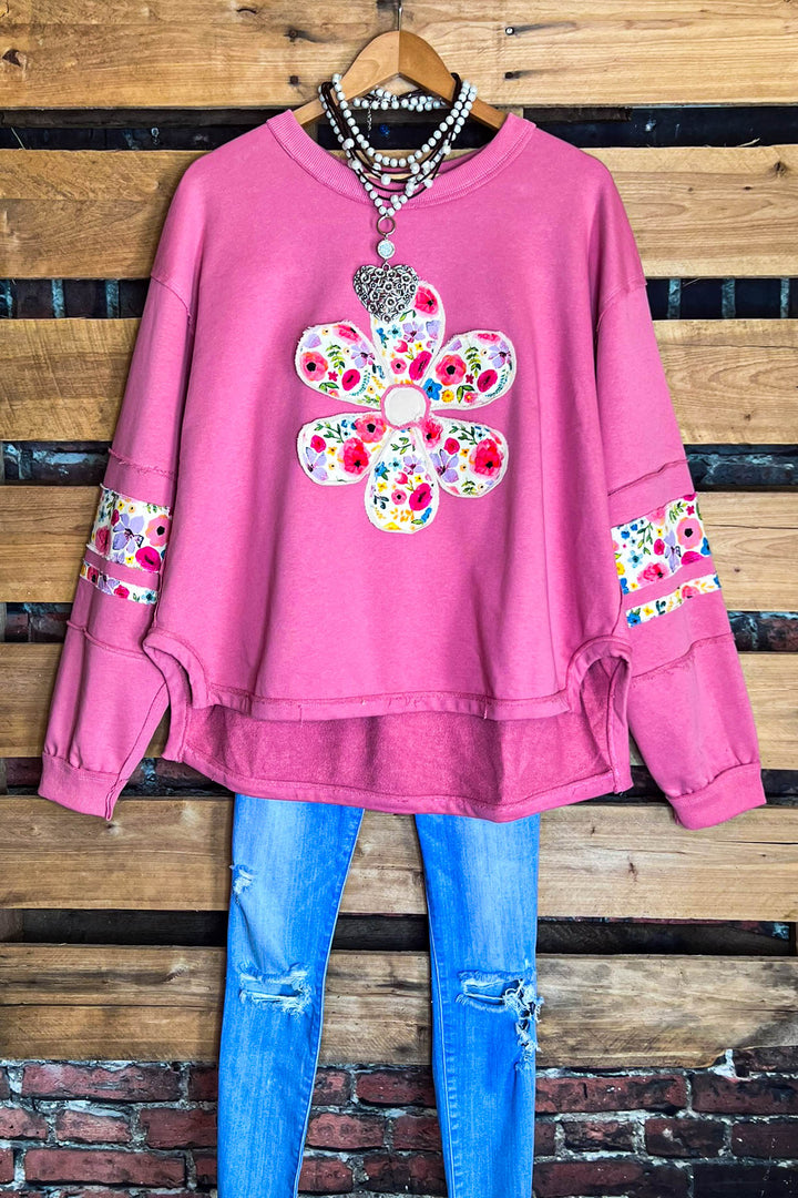 LET LOVE BLOSSOM BOHO COMFY SOFT SWEATSHIRT IN PINK ROSE