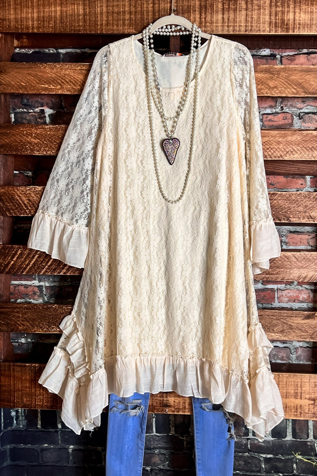 FARYTALE BEGINNINGS LACE DRESS IN BEIGE