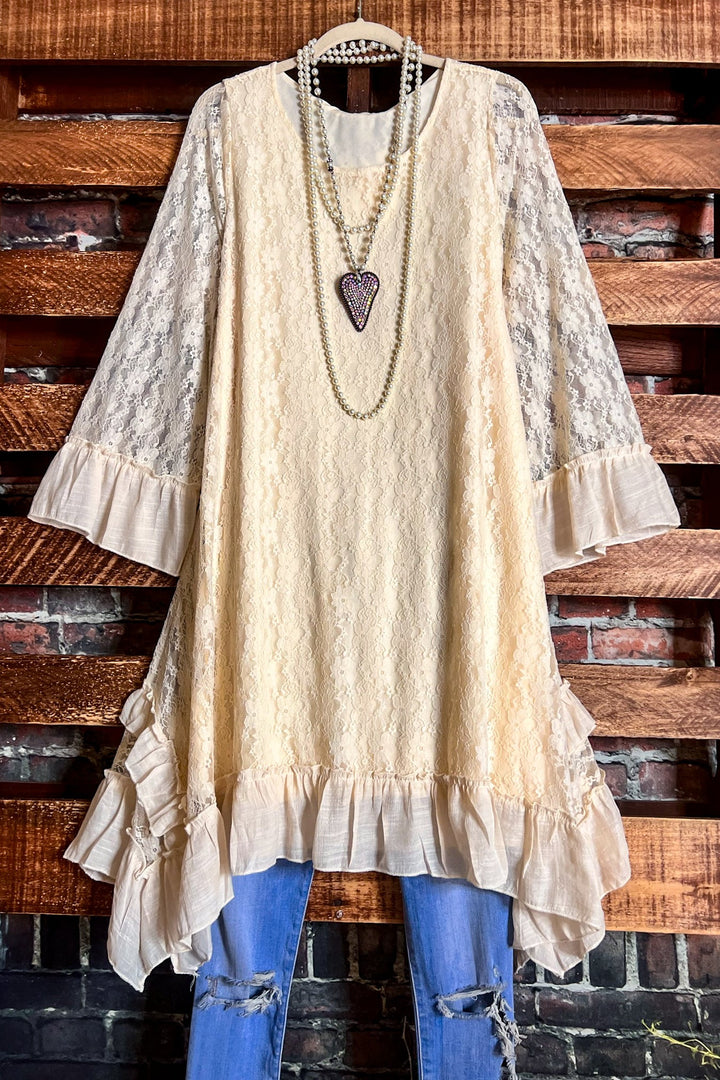 FARYTALE BEGINNINGS LACE DRESS IN BEIGE