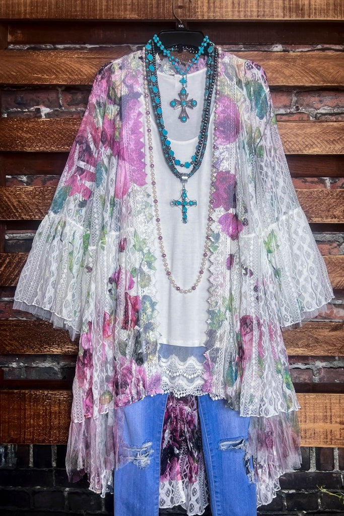 ALL THIS BEAUTY ROSES LACE CARDIGAN DUSTER IN IVORY & MULTI-COLOR