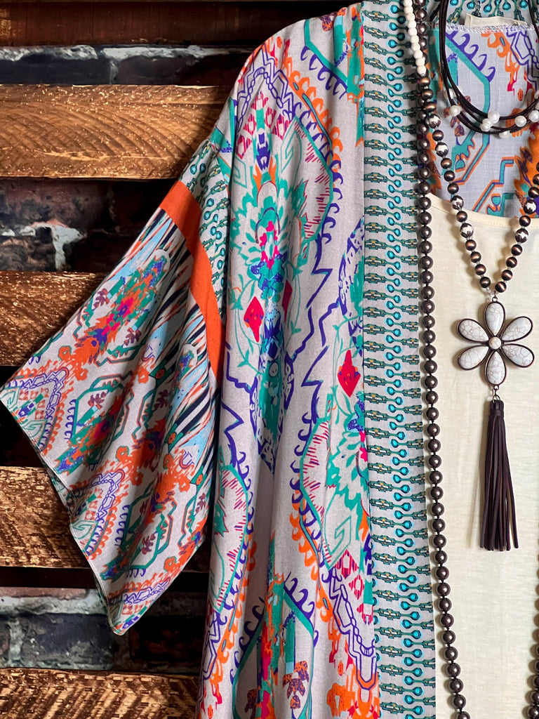 BOHEMIAN VACATION VIBES MAXI KIMONO IN Multi-Color