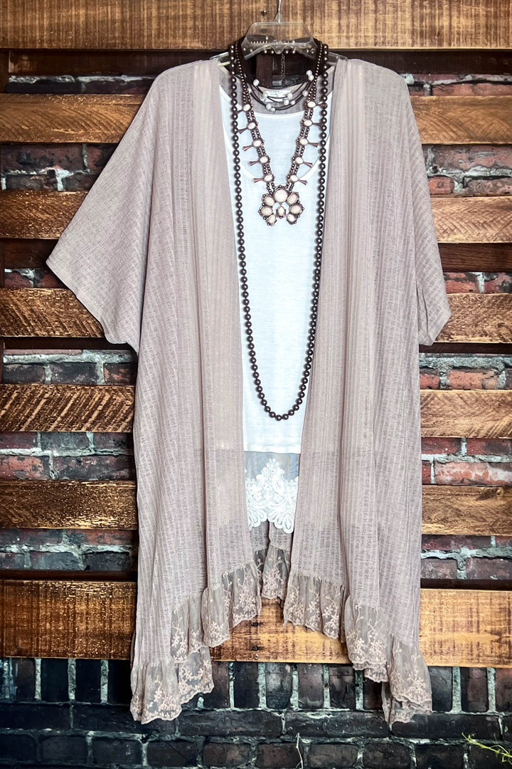 ALWAYS PRETTY LACE RUFFLE TAUPE KIMONO CARDIGAN 18-24  SIZE-----SALE