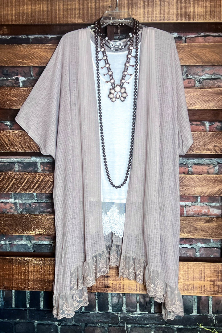 ALWAYS PRETTY LACE RUFFLE TAUPE KIMONO CARDIGAN 18-24  SIZE-----SALE