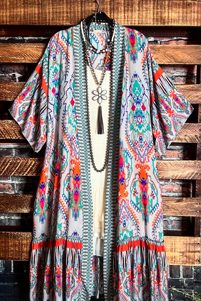 BOHEMIAN VACATION VIBES MAXI KIMONO IN Multi-Color