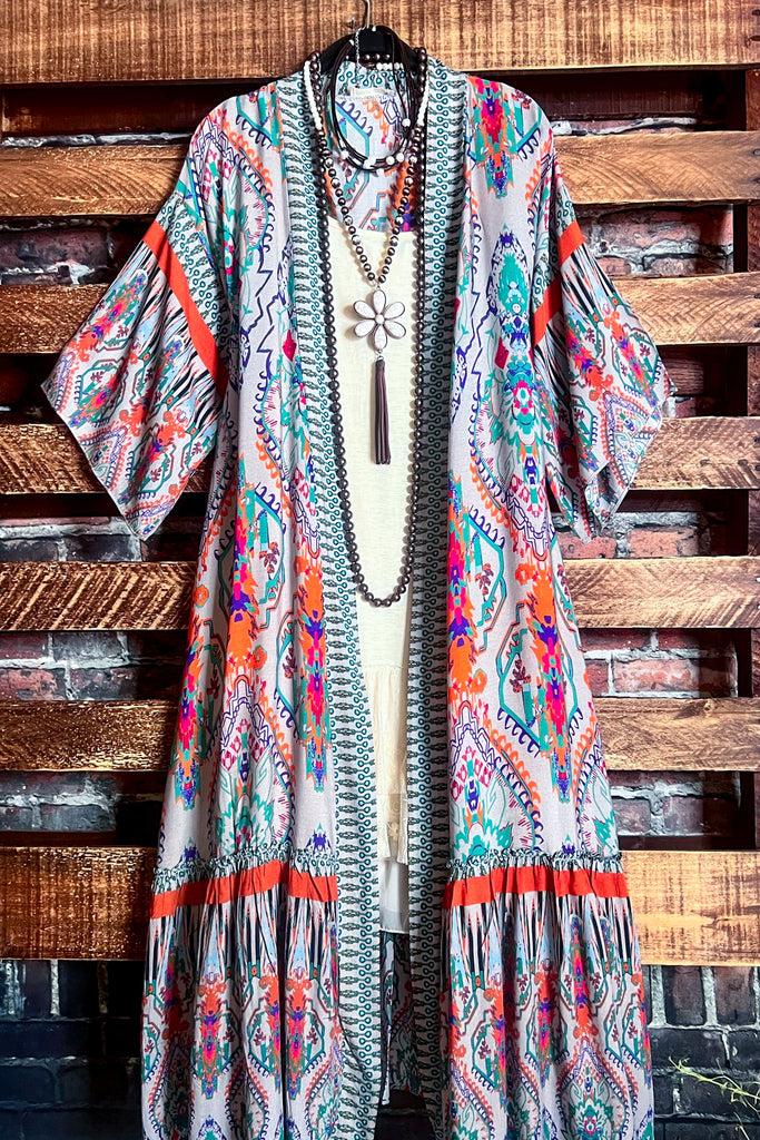 BOHEMIAN VACATION VIBES MAXI KIMONO IN Multi-Color
