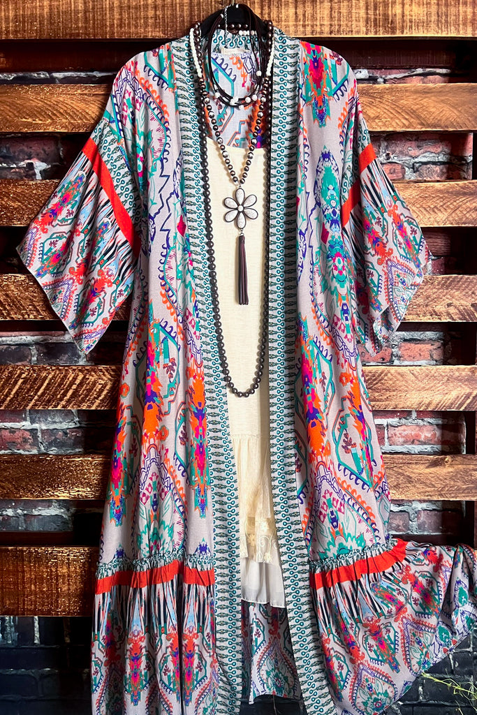 BOHEMIAN VACATION VIBES MAXI KIMONO IN Multi-Color