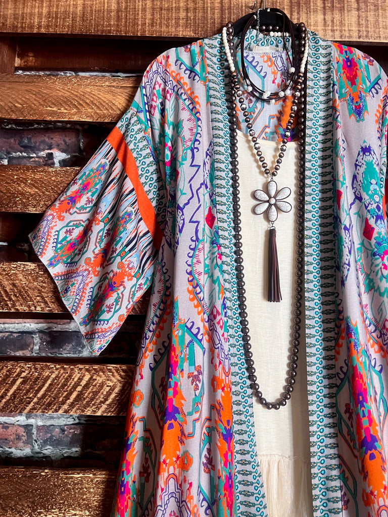 BOHEMIAN VACATION VIBES MAXI KIMONO IN Multi-Color