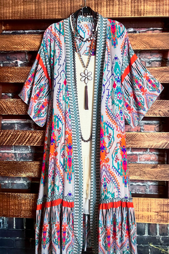 BOHEMIAN VACATION VIBES MAXI KIMONO IN Multi-Color