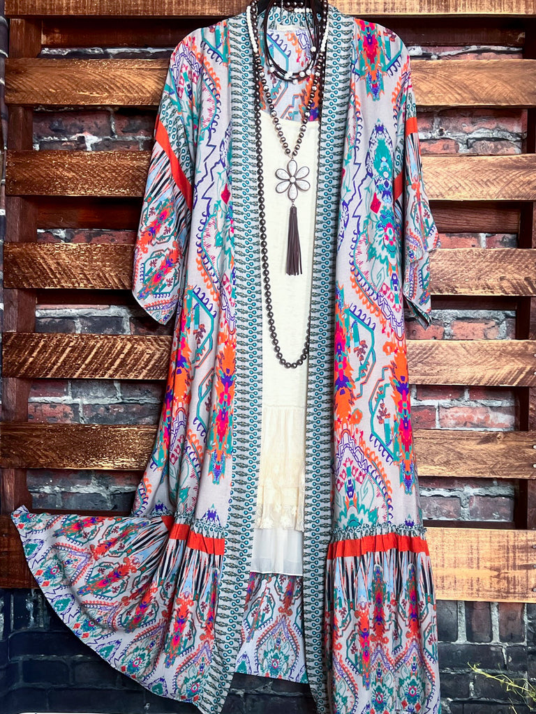 BOHEMIAN VACATION VIBES MAXI KIMONO IN Multi-Color