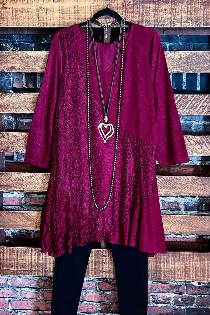 I'M ETERNALLY YOURS BURGUNDY LACE EMBELLISHED DRESS TUNIC