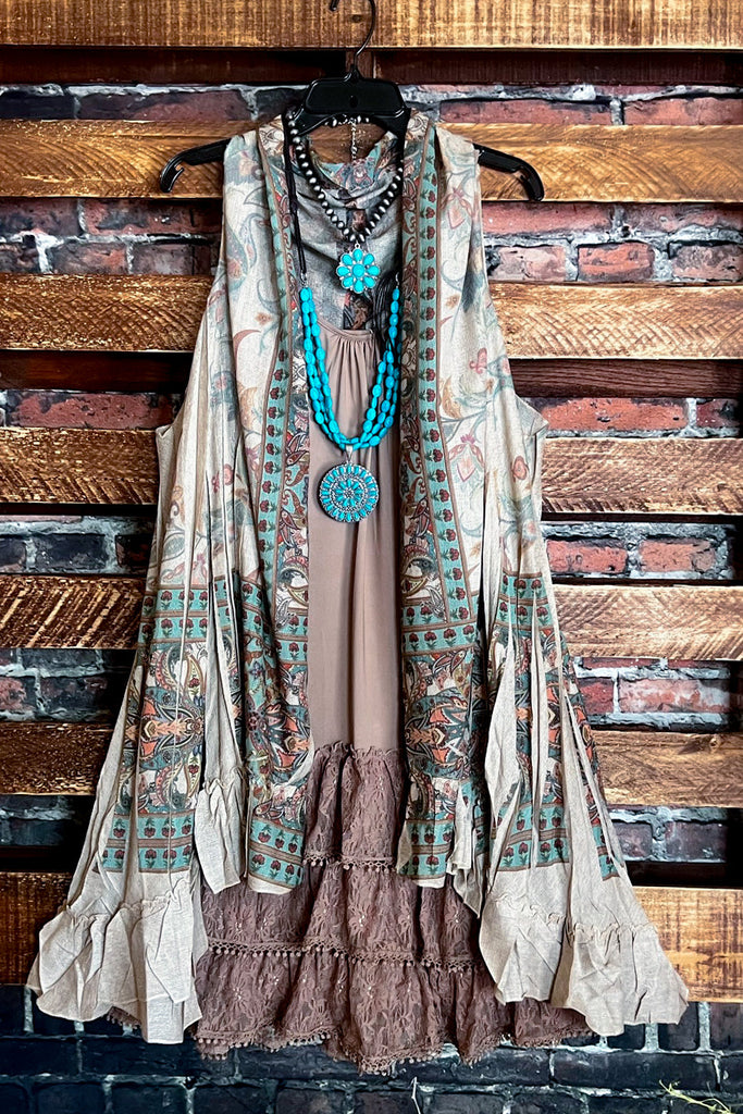 FLEUR DE LIS VEST IN TAUPE AND TURQUOISE