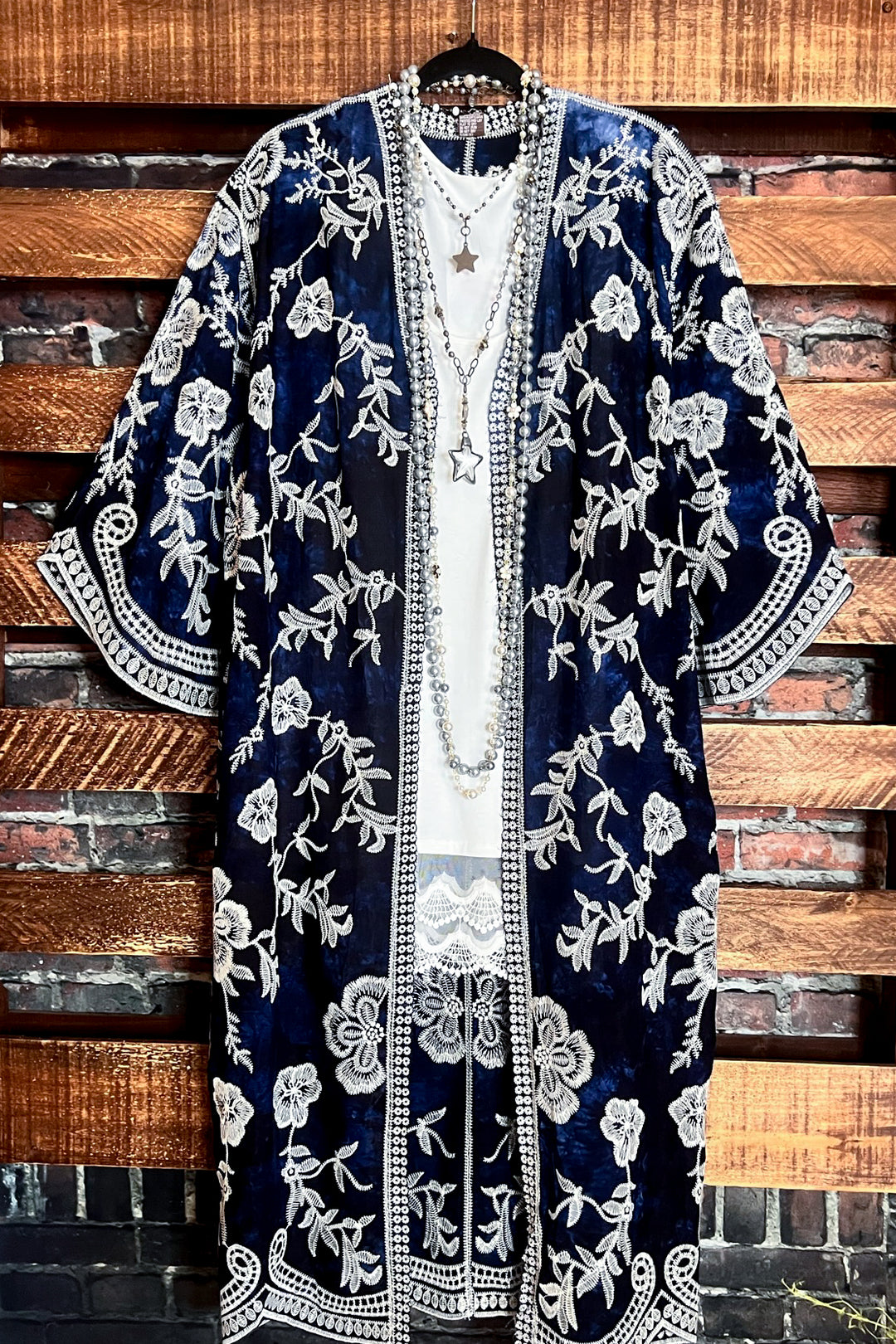 Le Bohemian Magic Dance Tie Dye & Embroidered Kimono in Navy Blue