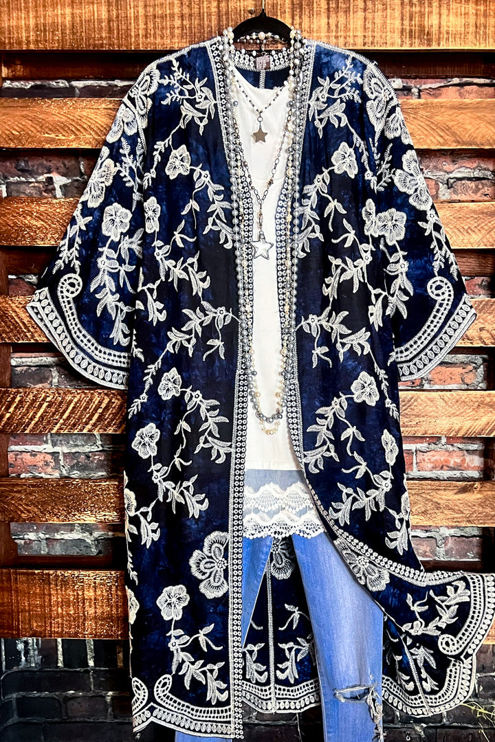 Le Bohemian Magic Dance Tie Dye & Embroidered Kimono in Navy Blue