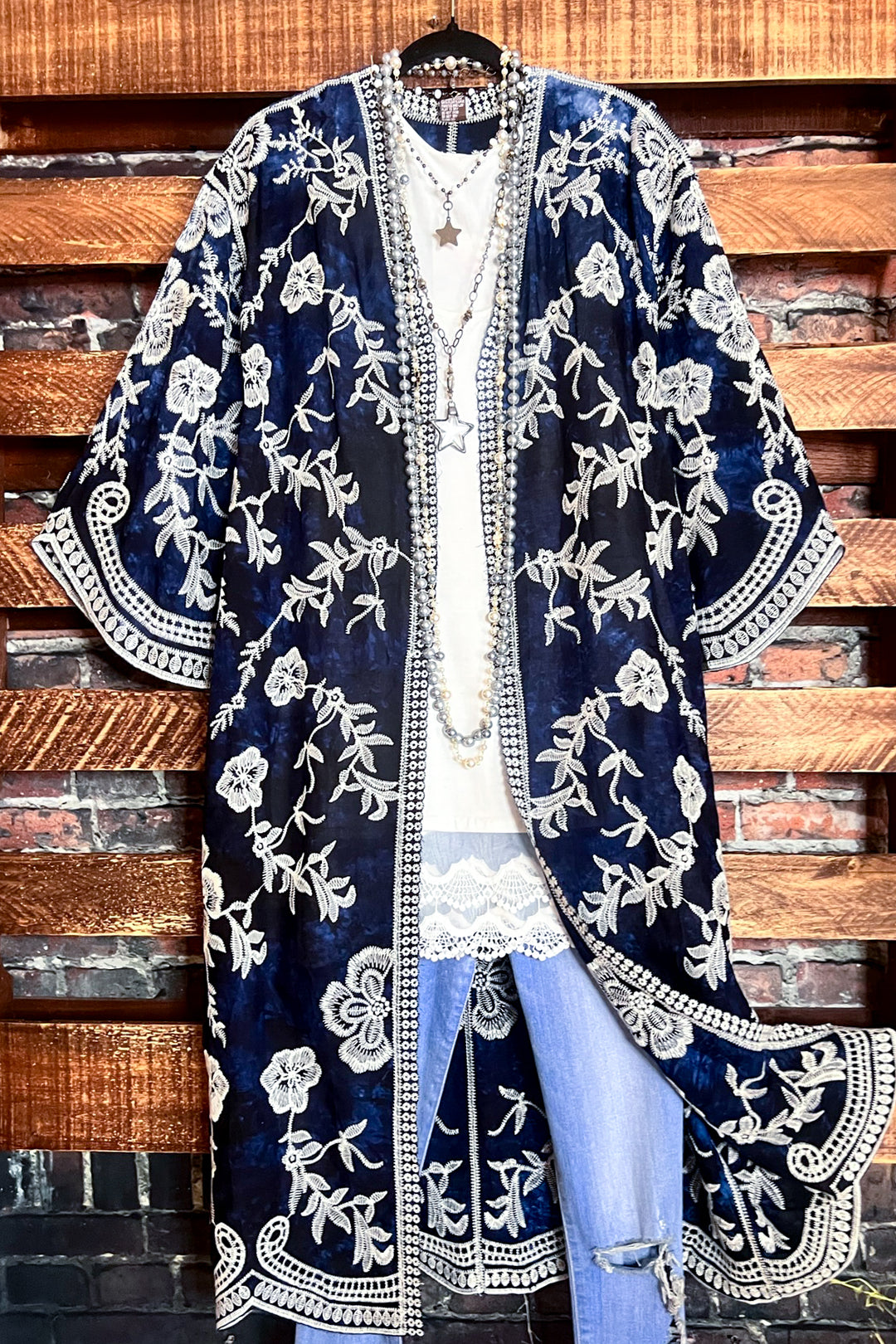 Le Bohemian Magic Dance Tie Dye & Embroidered Kimono in Navy Blue