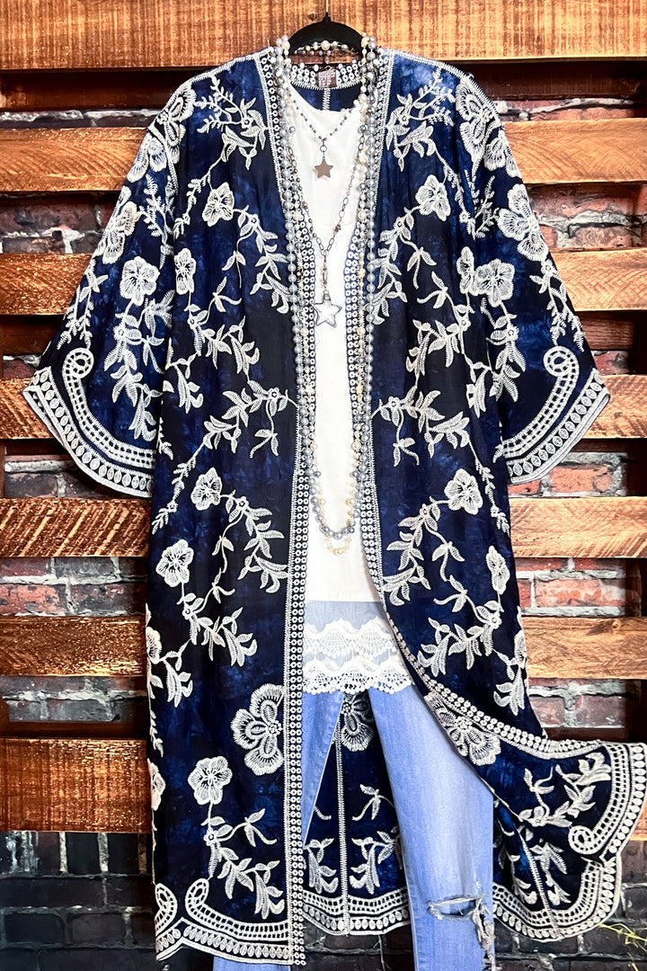 Le Bohemian Magic Dance Tie Dye & Embroidered Kimono in Navy Blue