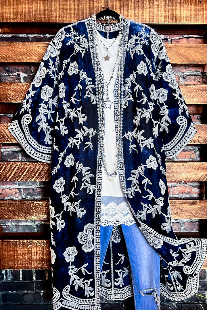 Le Bohemian Magic Dance Tie Dye & Embroidered Kimono in Navy Blue