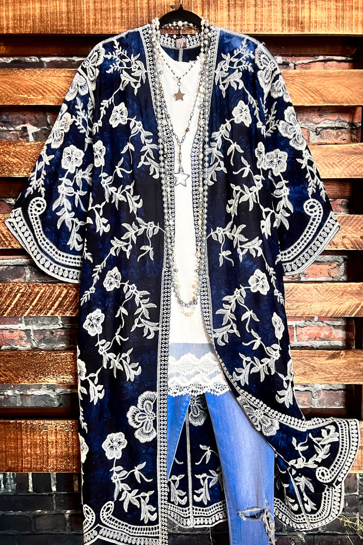 Le Bohemian Magic Dance Tie Dye & Embroidered Kimono in Navy Blue