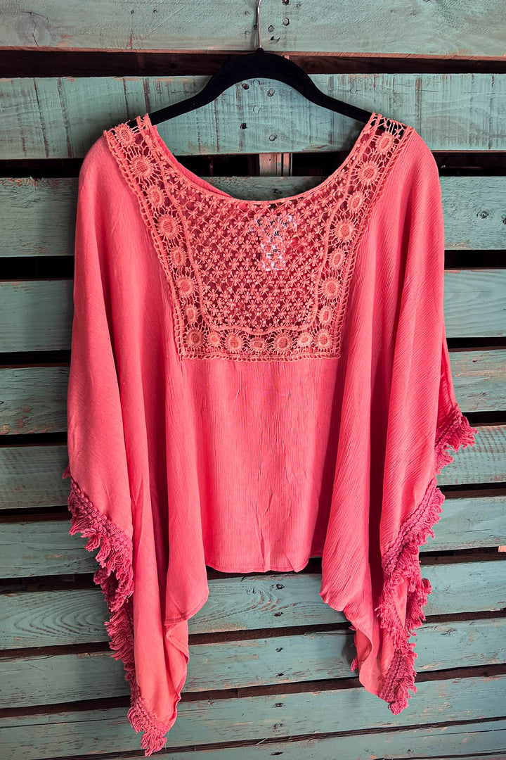 PASSIONATE HEART PEASANT PONCHO TUNIC IN CORAL