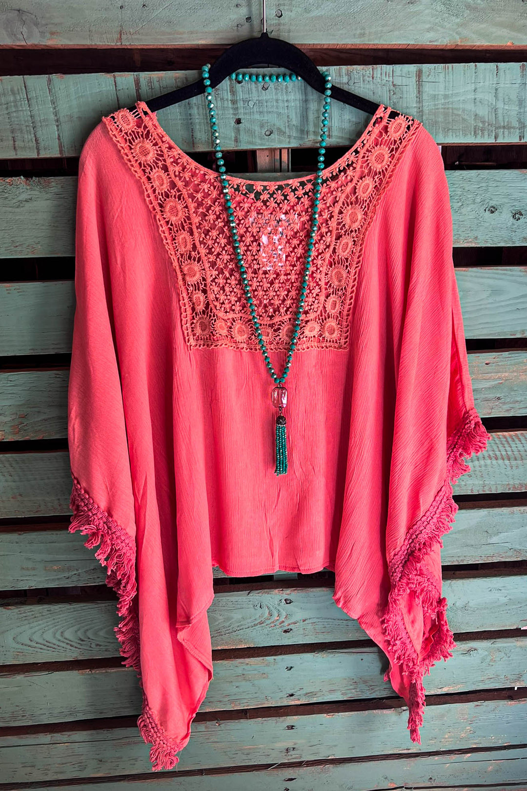 PASSIONATE HEART PEASANT PONCHO TUNIC IN CORAL