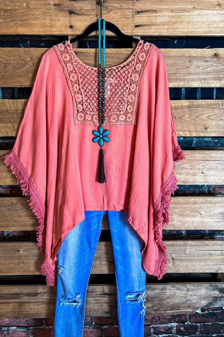 PASSIONATE HEART PEASANT PONCHO TUNIC IN CORAL