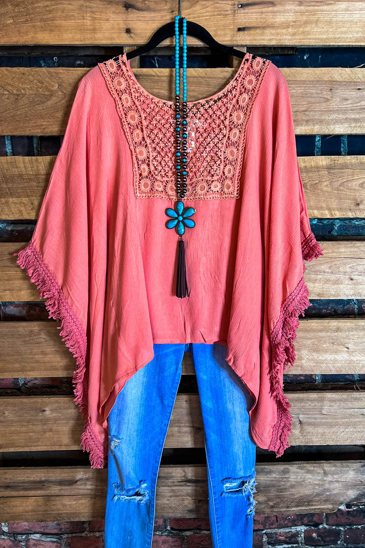 PASSIONATE HEART PEASANT PONCHO TUNIC IN CORAL