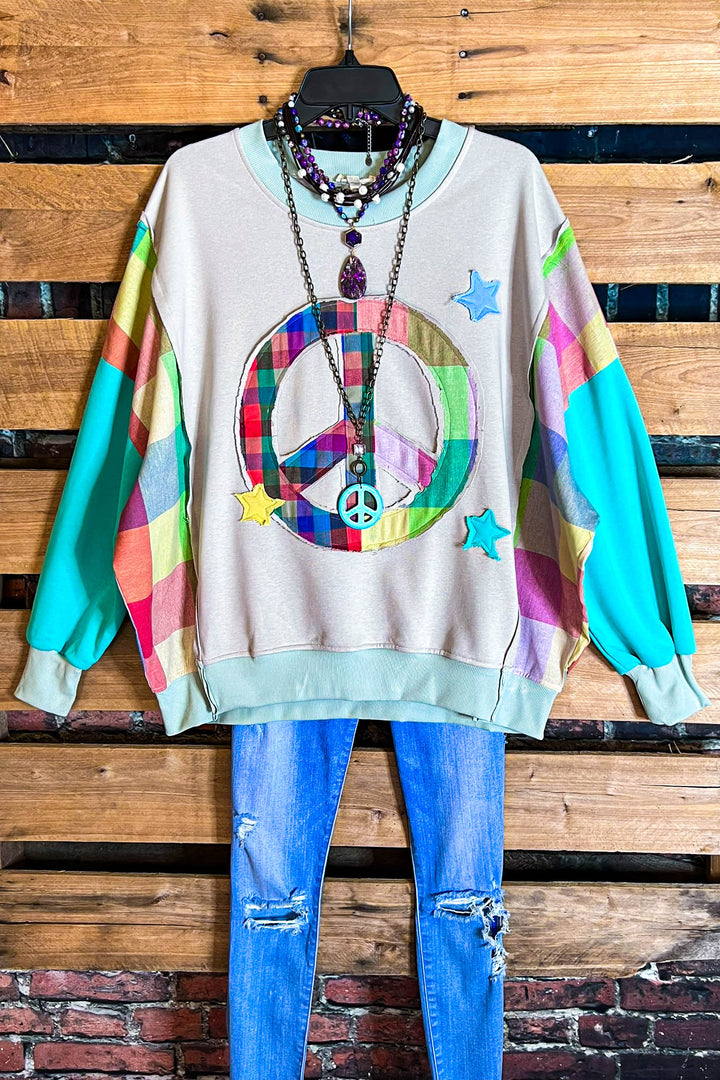 Free Spirit Comfy Soft Sweatshirt Peace & Love In Mint & Multi-Color