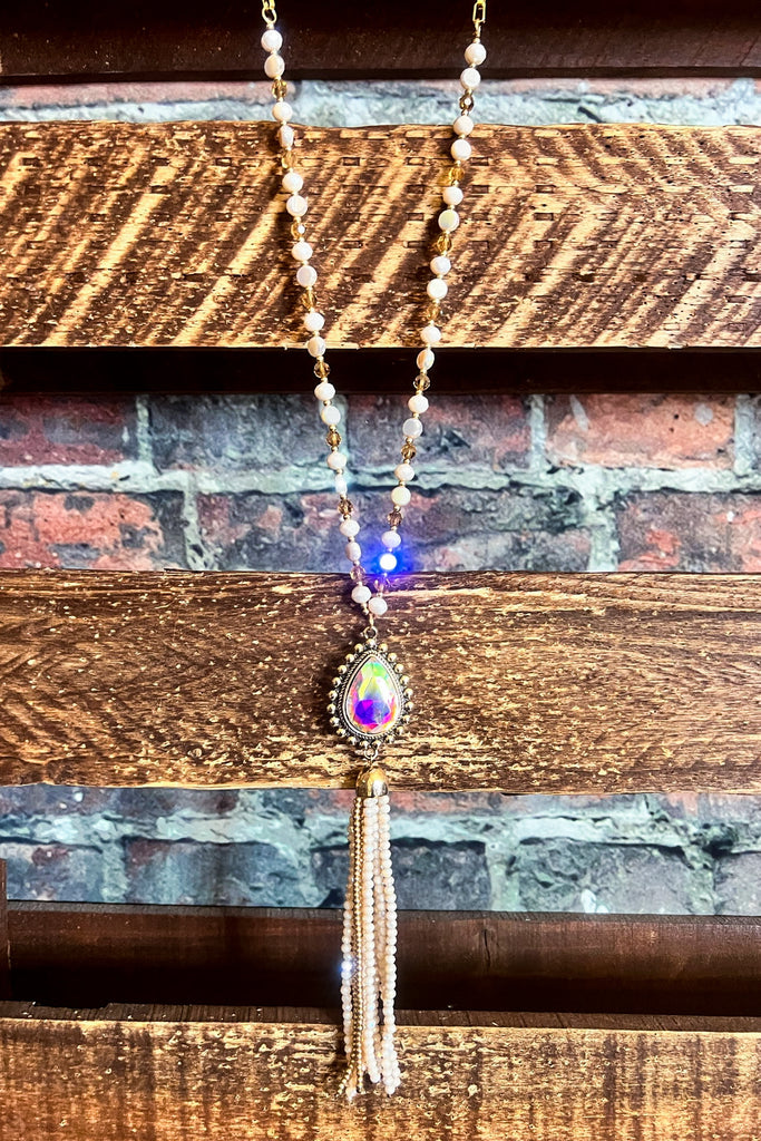 CRYSTAL BEADED TASSEL NECKLACE IN BEIGE