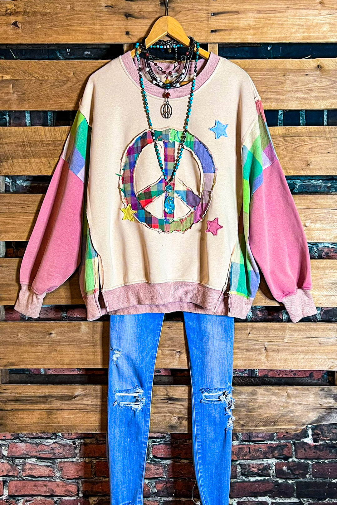 Free Spirit Comfy Soft Sweatshirt Peace & Love In Pink & Multi-Color