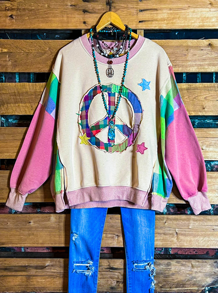Free Spirit Comfy Soft Sweatshirt Peace & Love In Pink & Multi-Color