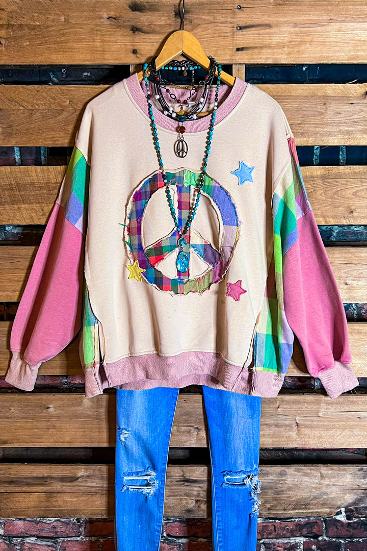 Free Spirit Comfy Soft Sweatshirt Peace & Love In Pink & Multi-Color