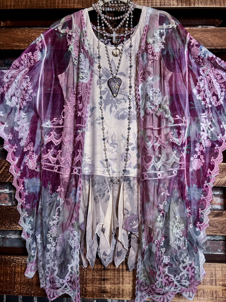 VINTAGE ANGEL EMBROIDERED OVERSIZED LACE KIMONO IVORY & WINE