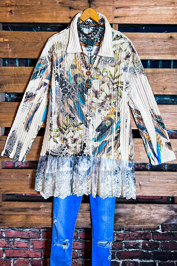 WONDER PARADISE LACE JACKET IN FLORAL & FEATHER PRINT