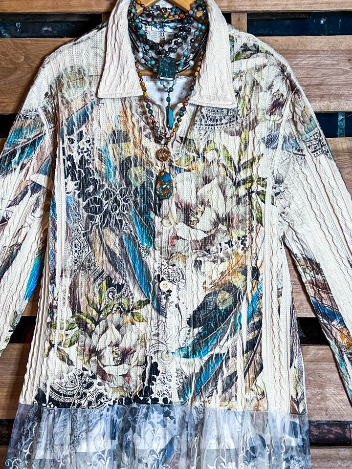 WONDER PARADISE LACE JACKET IN FLORAL & FEATHER PRINT