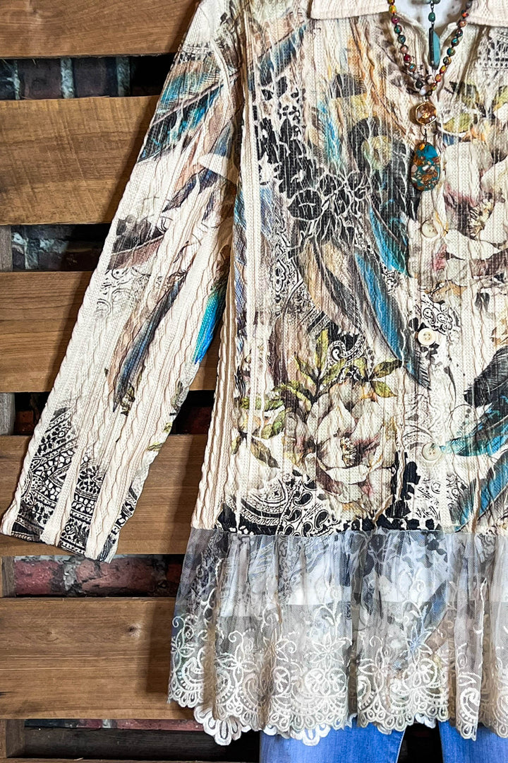 WONDER PARADISE LACE JACKET IN FLORAL & FEATHER PRINT