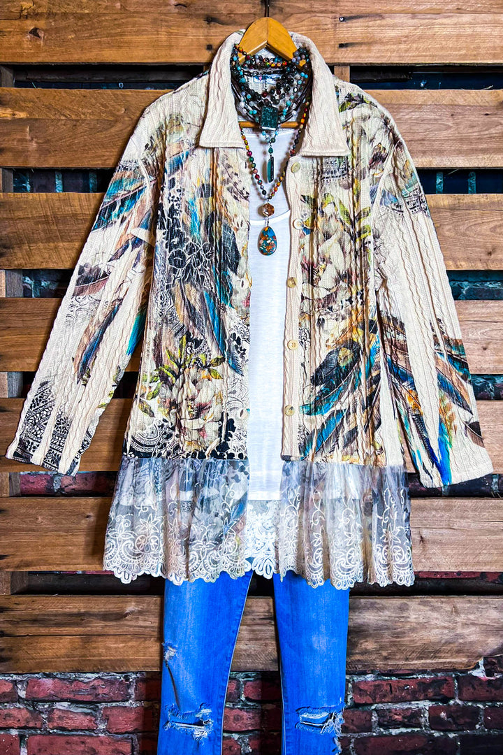 WONDER PARADISE LACE JACKET IN FLORAL & FEATHER PRINT