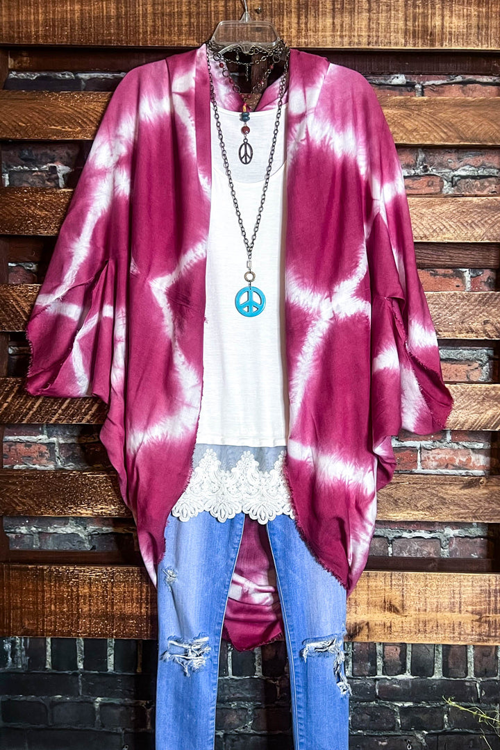 PEACE & LOVE BOHEMIAN TIE DYE SHABBY KIMONO IN PINK TONES