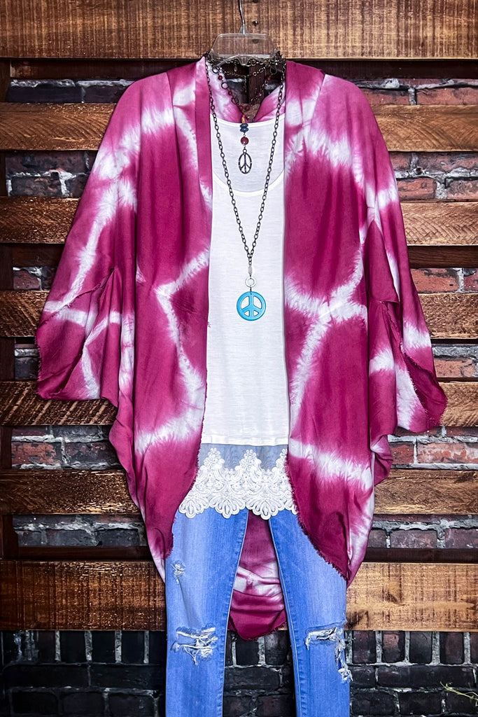 PEACE & LOVE BOHEMIAN TIE DYE SHABBY KIMONO IN PINK TONES