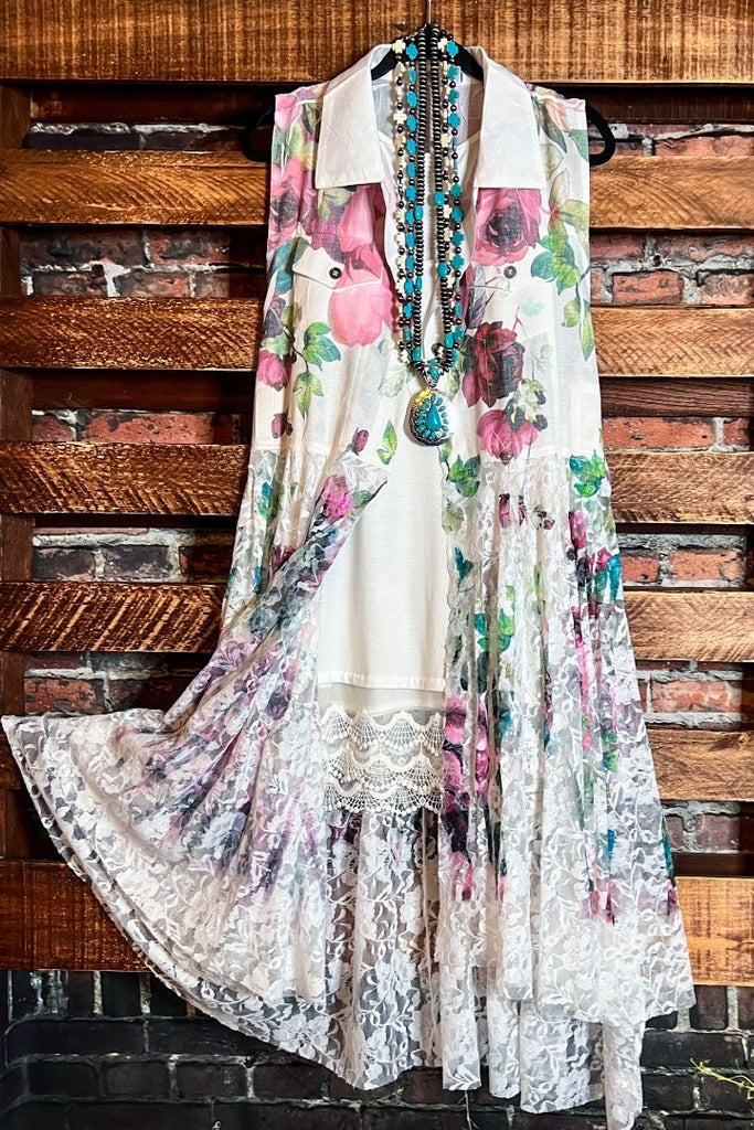 A LOVE THAT WILL LAST FOREVER FLORAL LACE LONG VEST