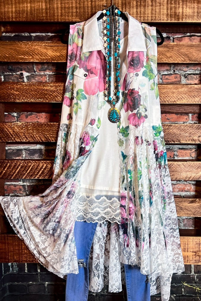 A LOVE THAT WILL LAST FOREVER FLORAL LACE LONG VEST